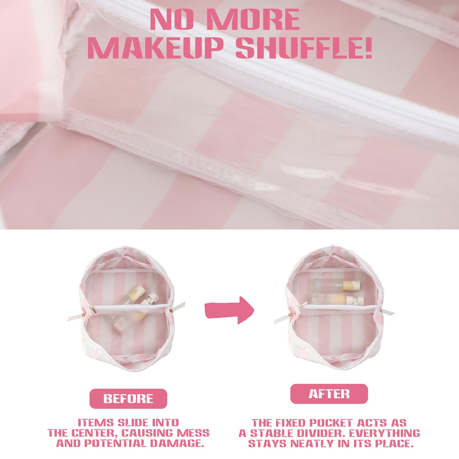 DYSHAYEN Stripe Travel Makeup Bag with Compartments Clear Coated Cosmetic Bag for Women, Waterproof Portable Open Flat Toiletry bag （White-Pink）