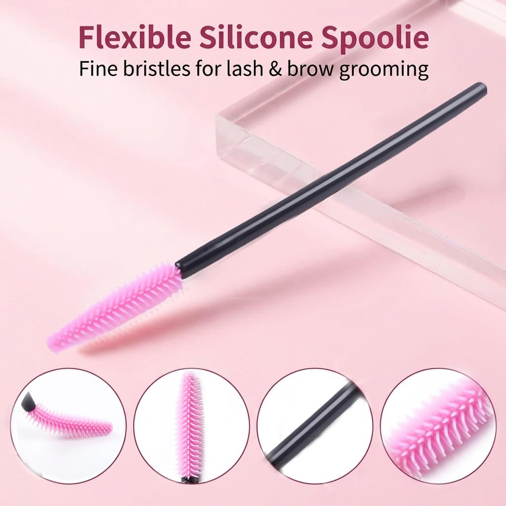 BIHRTC Pack of 100 One-Off Disposable Silicone Eyelash Mascara Brushes Wands Applicator Eyebrow Brush Makeup Tool Set Deep Pink for Makeup Salon and Travel Beauty Kits