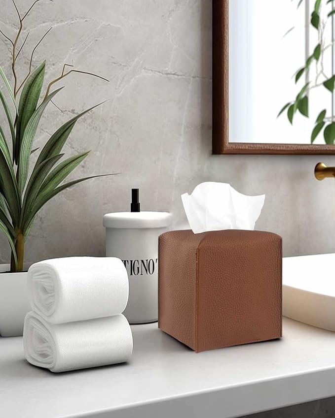 Leather Tissue Box Cover Square – [JESMINI, Brown] Modern PU Leather Cube Tissue Box Holder Decorative for Bathroom Vanity Countertop/Night Stands/Office Desk, 5x5x5