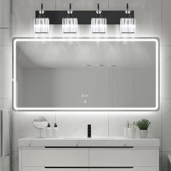 Ralbay Matte Black Crystal Vanity Light 4 Light Modern Crystal Bathroom Lighting Fixtures Over Mirror, Crystal Black Bathroom Vanity Light