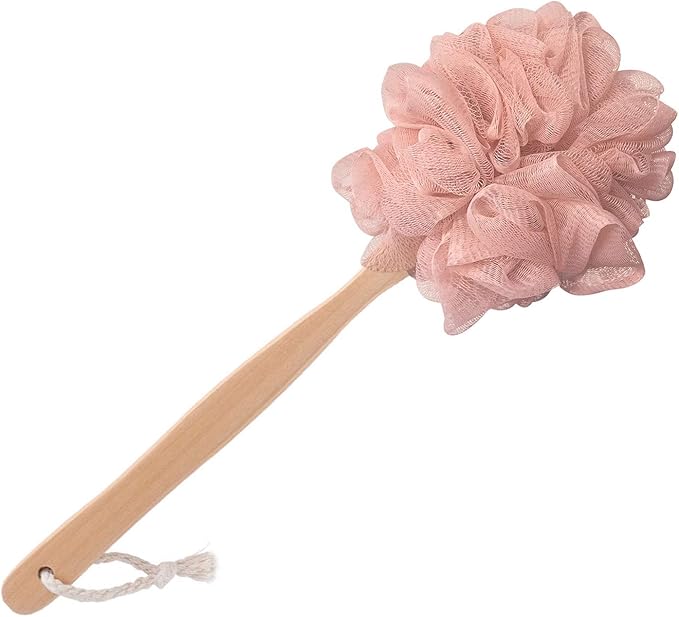 RASDDER White Loofah with Handle - Back Scrubber for Shower, Exfoliating Body Sponge with Soft PE Mesh and Wood Stick, Clean Look Bath Accessory for Men and Women
