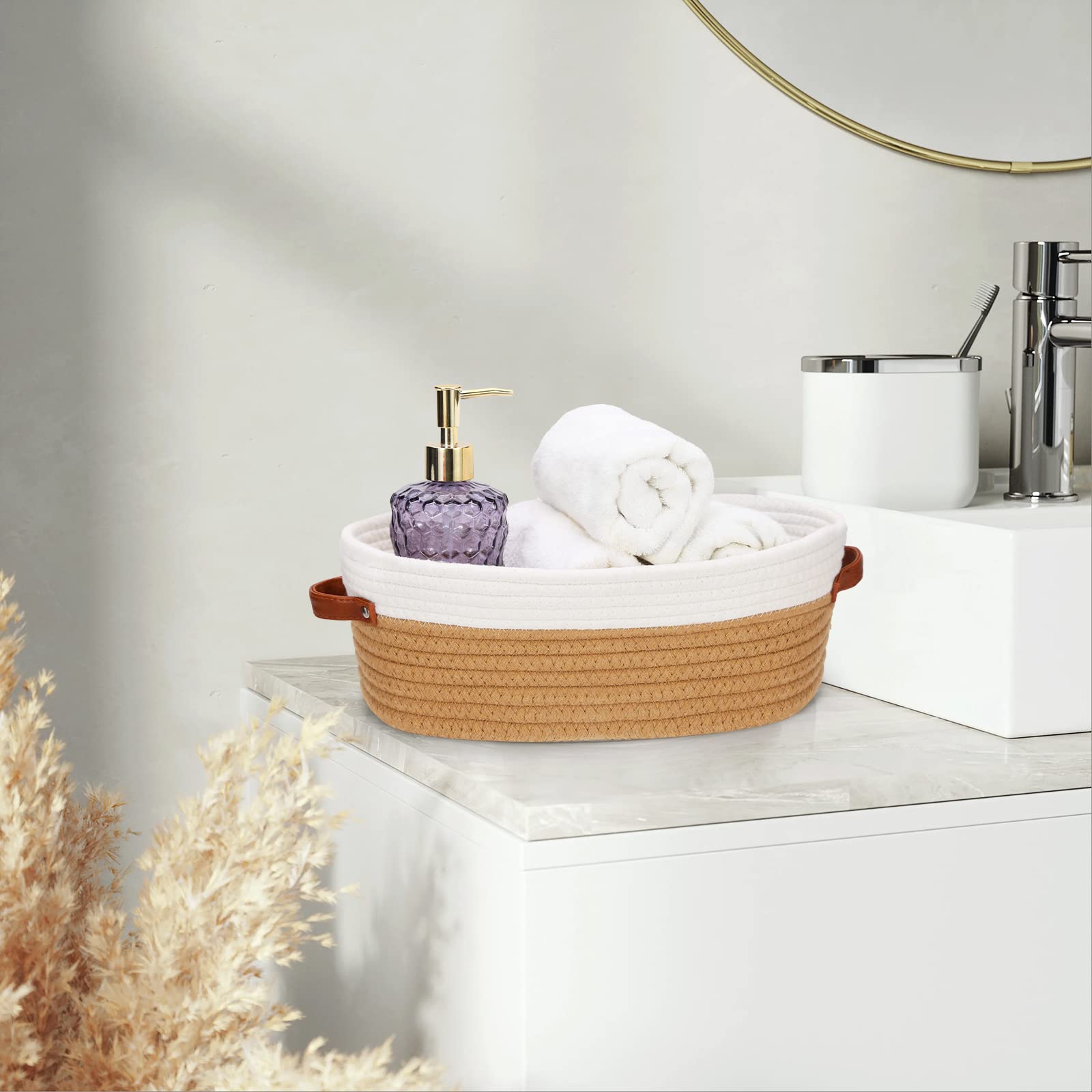 HLWDFLZ Bathroom Countertop Organizer Basket, Cotton Rope Woven Storage Basket Toilet Paper Decorative Basket for Bathroom, Bedroom, Living Room, Entryway 13"x6.3"x4.3" (Off White/Jute)
