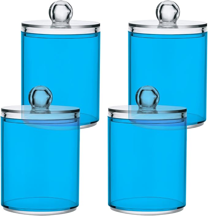 Sky Blue Qtip Holder Organizer Dispenser Cotton Swabs Cans Plastic Jars with Lid Set 4 Pack Bathroom Storage Canister for Cotton Ball Floss Cotton Pads