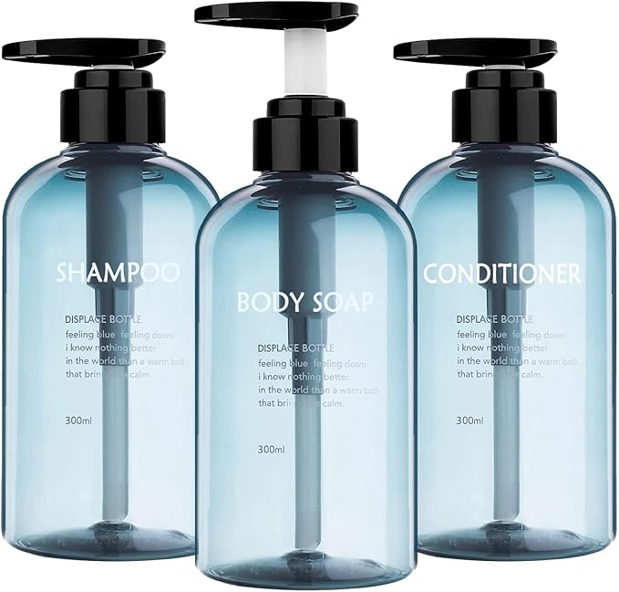 3pcs Refillable Shampoo and Conditioner Bottles, 16.9oz/500ml Shampoo Conditioner Body Wash Dispenser for Hotel Bathroom, 3pcs Plastic Shampoo Bottles with Pump (Blue)