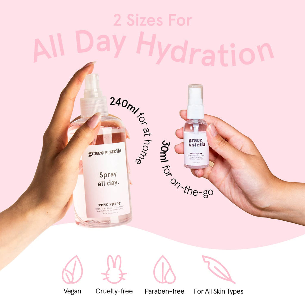 grace & stella Award Winning Rose Water Spray for Face with Glycerin & Aloe Vera - Travel Size (30ml) - Rosewater Face Mist for All Skin Types - Hydrating, Calming, Rejuvenating Facial Toner - Vegan
