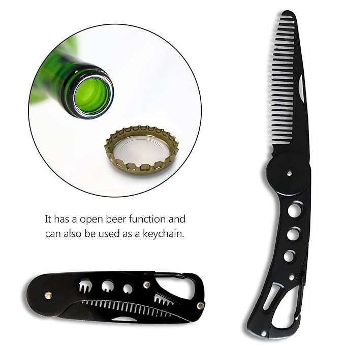 Kootinn Stainless Steel Folding Beard Comb - Portable Multifunction Anti Static Comb with Leather Cover for Men Grooming, Combing Hair, and Mustache Styling