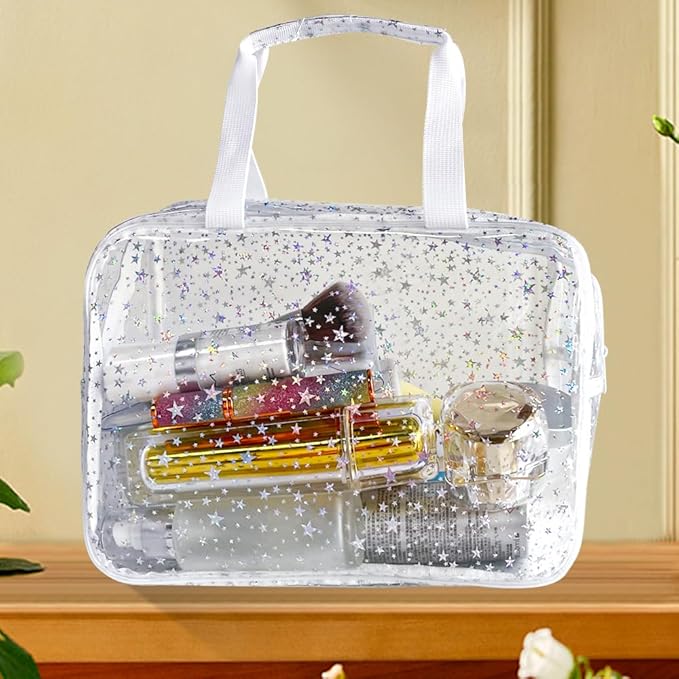 TotePrint Holographic Star Transparent PVC Cosmetic Bag Clear Makeup Toiletry Carry Pouch Clear Travel Pouch Storage Bag for Vacation Bathroom and Organizing