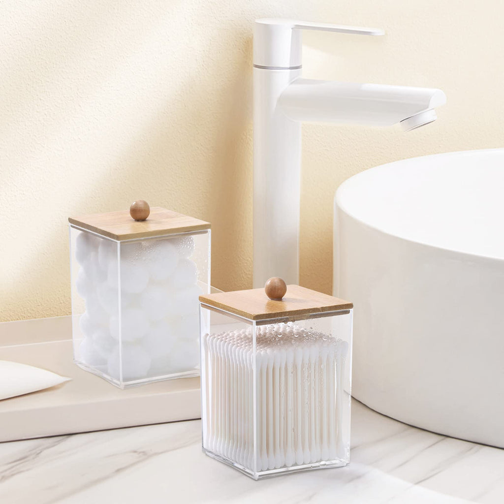 Tbestmax 3 Pack Square Qtip Holder - 12 oz Bathroom Organizers and Storage Containers, Plastic Apothecary Jars with Bamboo Lids for Cotton Ball, Cotton Swab, Floss