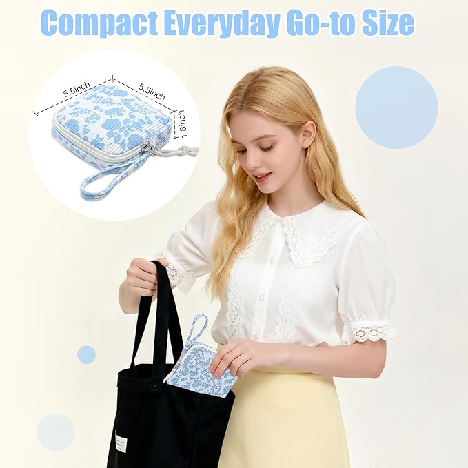 Chicarries Small Makeup Bag | Discreet Period Bag Pad Pouch for Purse| Sanitary Napkin Storage & Tampon Holder for Travel (Flower blue)