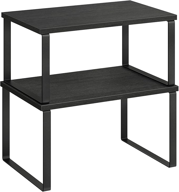 SONGMICS Cabinet Organizer Shelf, Set of 2 Kitchen Counter Shelves, Kitchen Storage, Spice Rack, Stackable, Expandable, Metal and Engineered Wood, 11.7 Inches, Ink Black and Charcoal Black UKCS02B01