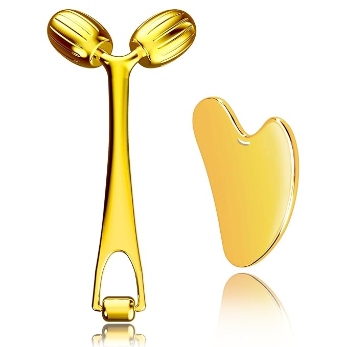 Yeamon Gua Sha Facial Tools and Face Roller Set, Facial Massage Tool for Women’s Skincare Routine,Cooling Stainless Steel Face Sculpting Eyes Roller Guasha for Daily Use or Self-Care Gift for Women