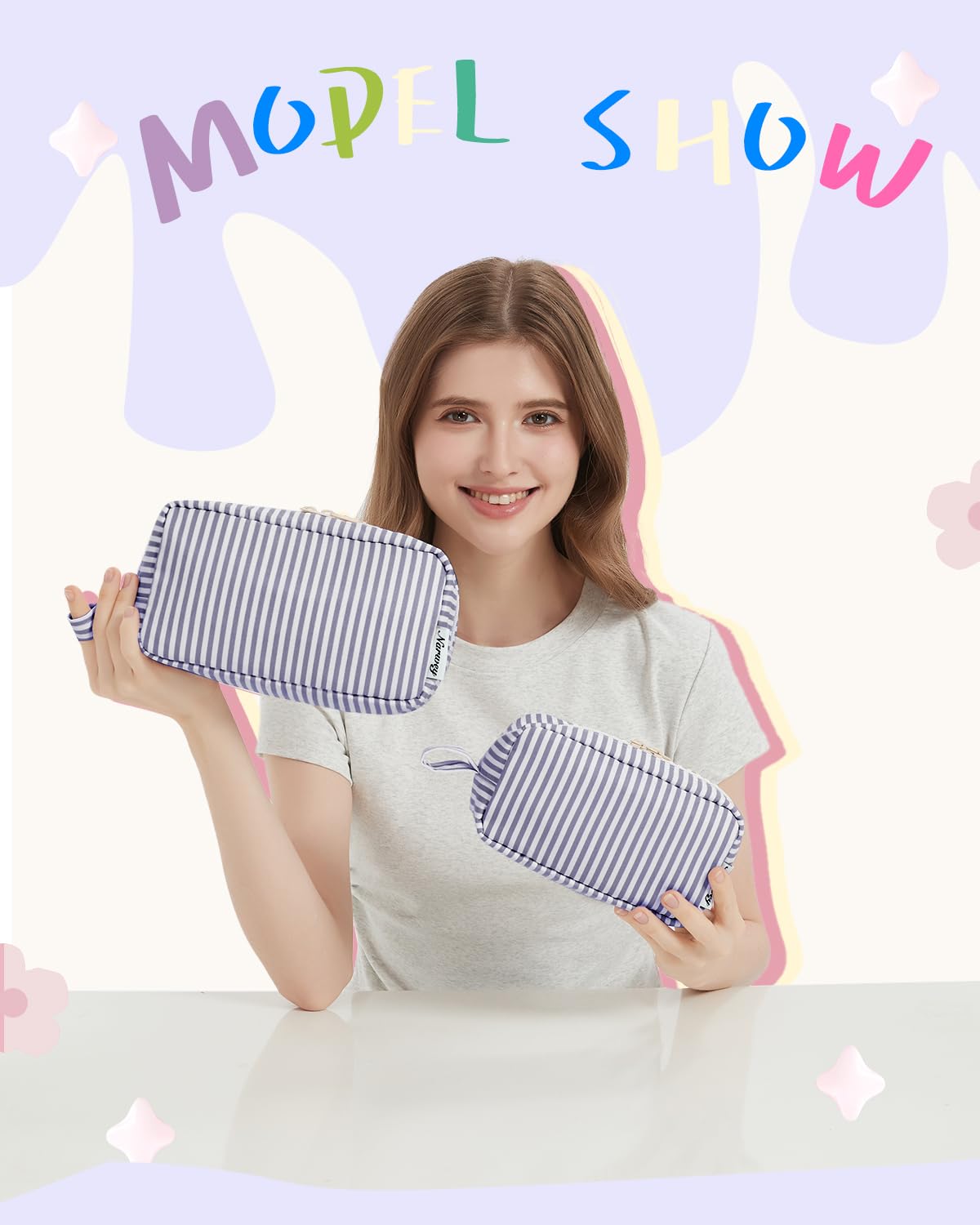 Narwey Cute Makeup Bag Small Toiletry Bag Travel Cosmetic Bag Organizer Make Up Bags with Organized Pockets for Women (Greyish Blue Stripe, Large)