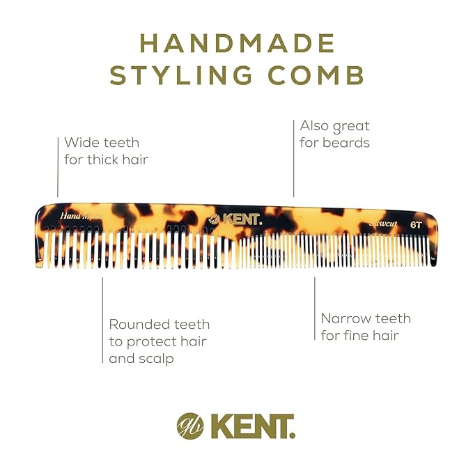 Kent 6T TY Fine Tooth and Wide Tooth Hair Comb, Handmade Styling Comb for Hair Care, Barber Combs, Beard Combs For Men, Styling Grooming for Men, Women and Kids