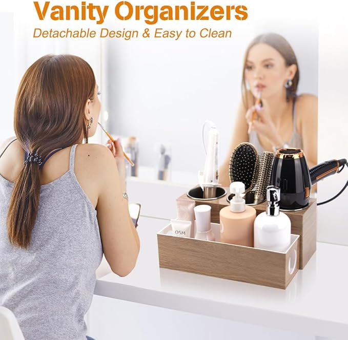GFWARE Hot Hair Styling Tool Organizer with 3 Stainless Steel Cups, Wood