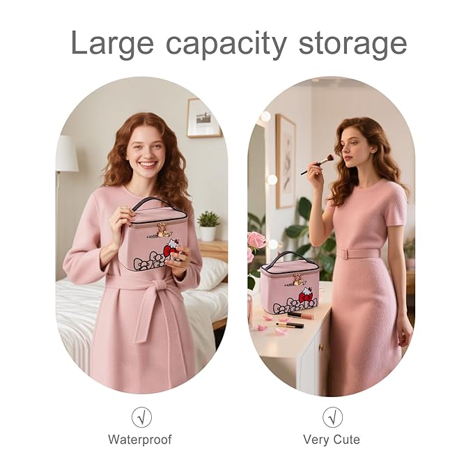 Vimanllie Makeup Bag Large Capacity Waterproof Cosmetic Bag with Dedicated Brush Holder,Cute Printed Makeup Organizer for Women Traveling,Portable Toiletry Bag for Girls