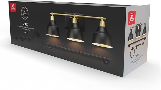 Globe Electric 63000204 5-Piece All-in-One Bathroom Accessory Set, 3-Light Vanity Light, Matte Black & Brass, Towel Bar, Robe Hook, Toilet Paper Holder, Towel Ring, Bath, Bathroom Lights Over Mirror