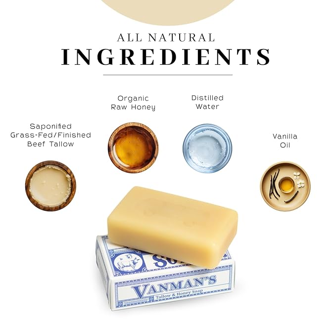 VanMan Beef Tallow and Honey Bar Soap – Pure Grass-Fed Beef Tallow for Skin with Organic Madagascar Vanilla Beans, Raw Honey & Distilled Water, Hydrating & Nourishing, Vanilla Scent, 3.8oz - 3 Pack