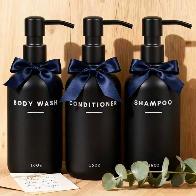 Set of 3 Shampoo and Conditioner Dispenser Stainless Steel Pump Head - 16oz Durable Shower Soap Dispenser and Shampoo Bottles - Easy to Refill Bathroom soap Dispenser Set Bathroom Decor with Labels
