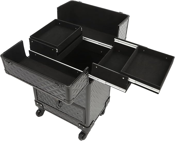GUEYYSAN Rolling Makeup Case, Nail Storage Box with Wheels Portable Makeup Trolley for Beauty Studio Hairdressers Nail Technician (Black)