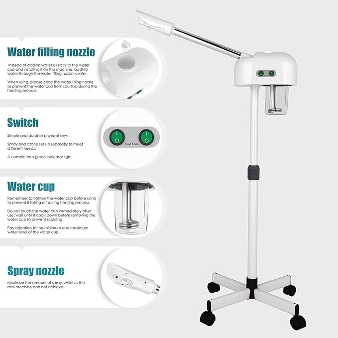 Professional Facial Steamer, Hot Mist, Ozone Humidifier, Can Use at Home and Beauty Salon, Extract Blackheads, Rejuvenate and Hydrate Your Face Skin for Youthful Complexion, White