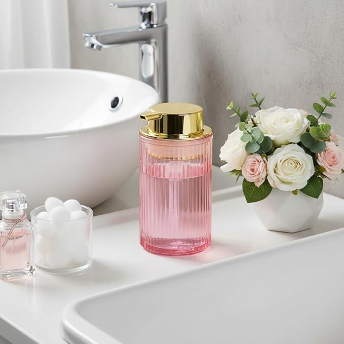 Tonxus Foaming Soap Dispenser, 12 Oz Pink Glass Foam Hand Soap Dispenser, Refillable Glass Foam Pump Bottle Container Decorative Slim Ribbed Bottle for Bathroom and Kitchen