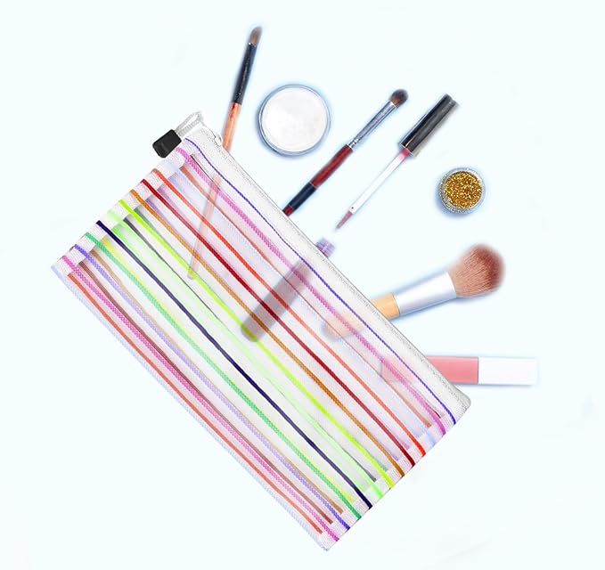 CarryEpic Mesh Bags with Zipper (6 Pack), Nylon Makeup Bag Cosmetic Pouches Travel Organizer Case for Purse Diaper Bag Home Organizing Striped Multi Size White