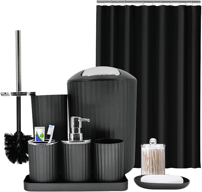 Black Bathroom Accessories Set, 10Pcs Bathroom Accessory Sets Complete with Trash Can, Shower Curtain, Vanity Tray, Soap Dispenser, Soap Dish, Toothbrush Holder&Cup, Toilet Brush&Holder, Qtip Holder