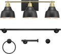 Globe Electric 63000204 5-Piece All-in-One Bathroom Accessory Set, 3-Light Vanity Light, Matte Black & Brass, Towel Bar, Robe Hook, Toilet Paper Holder, Towel Ring, Bath, Bathroom Lights Over Mirror