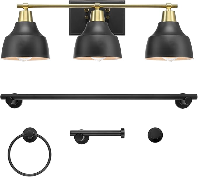 Globe Electric 63000204 5-Piece All-in-One Bathroom Accessory Set, 3-Light Vanity Light, Matte Black & Brass, Towel Bar, Robe Hook, Toilet Paper Holder, Towel Ring, Bath, Bathroom Lights Over Mirror