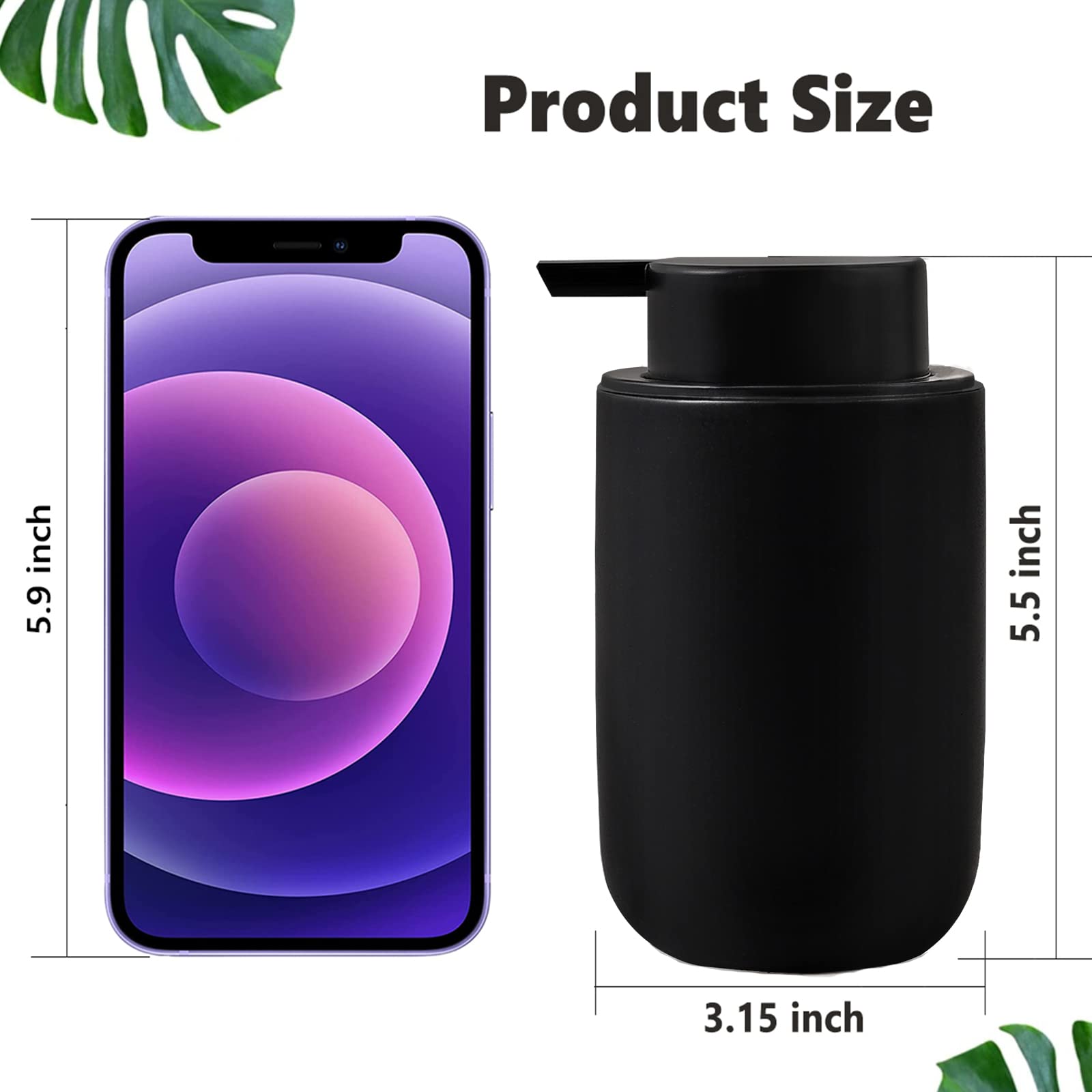 Black Soap Dispenser Set- Modern Ceramic Hand Dish Soap Dispenser for Bathroom Refillable Liquid Lotion Soap for Farmhouse Kitchen Decor Dish 2 Pack