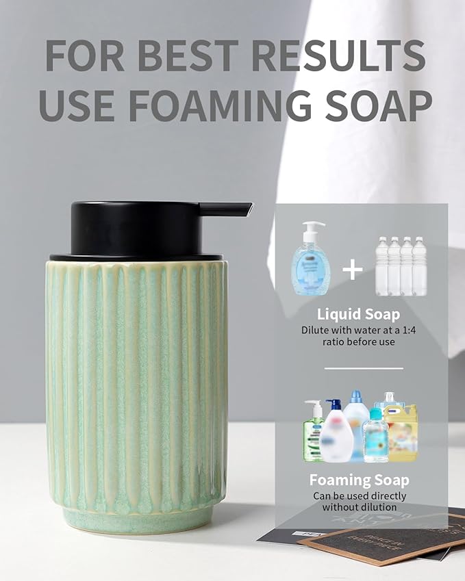 Foaming Soap Dispenser, Green Ceramic Refillable Foam Hand Soap Pump for Bathroom Kitchen, 10.5OZ Lotion Dispenser, Foaming Dish Soap Dispenser, Modern Stripe Design, ANTIS'S HOME