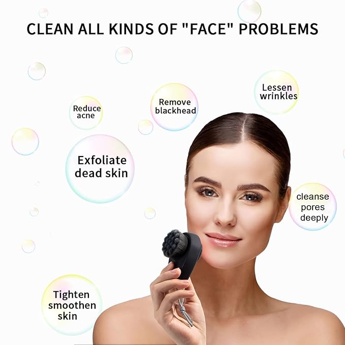 2 Pack Facial Cleansing Brush 2 in 1 for Face Exfoliation, Soft Bamboo Charcoal Microfiber Bristle Dual Face Silicone Scrubber Brush for Pore Deep Cleansing Skincare with Lid, Black+Gradient
