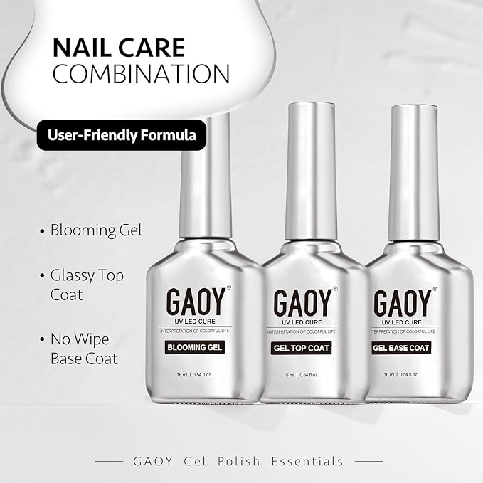 GAOY Gel Top Coat, Blooming Gel and Base Coat Set, 3 Pcs 16ml Clear Glossy No Wipe Combination for UV Light Cure