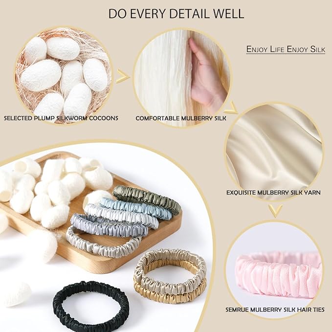 Mulberry Silk Hair Ties 4 PCS, 100% Pure 22 Momme Mulberry Silk Hair Scrunchies for Women Sleep, Elastics Hair Care No Damage, (Champagne Gold*4)