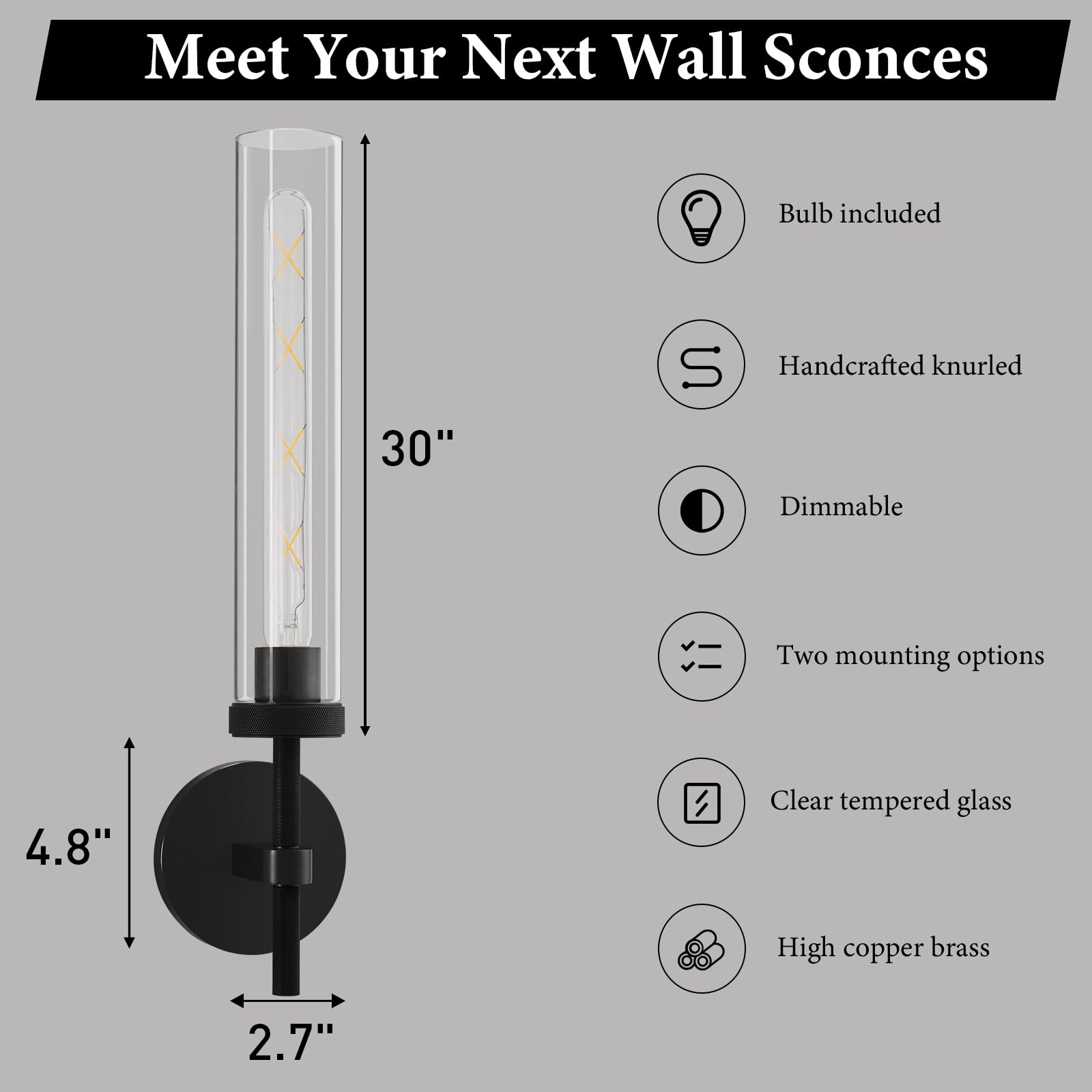 Brass Knurled Tube Wall Sconce: Set of 2 Modern Glass Sconces with Bulbs
