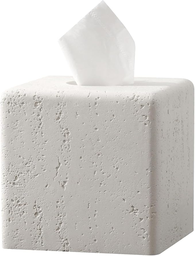 Haocoott Tissue Box Cover Square, Resin Facial Tissue Holder Covers Toilet Paper Holder Decorative Travertine Paper Dispenser Home Decor for Bathroom Bedroom Living Room Office (Off White)