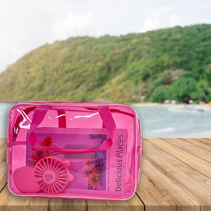 TotePrint Pink PVC Pure Color Transparent Gift Pouch Wash Travel Makeup Cosmetic Bag with Handle for Travel Bathroom Toiletry Organizer (Pink)