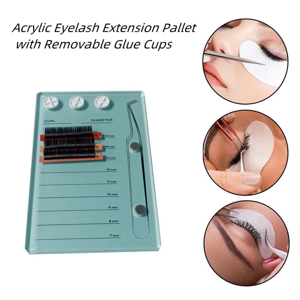 Eyelash Grafting Pallet, Acrylic Lash Tile holder, 7-15mm Scale Glue Cups Eyelash Extensions Storage Gasket Pads with Suction for Tweezers (blue)