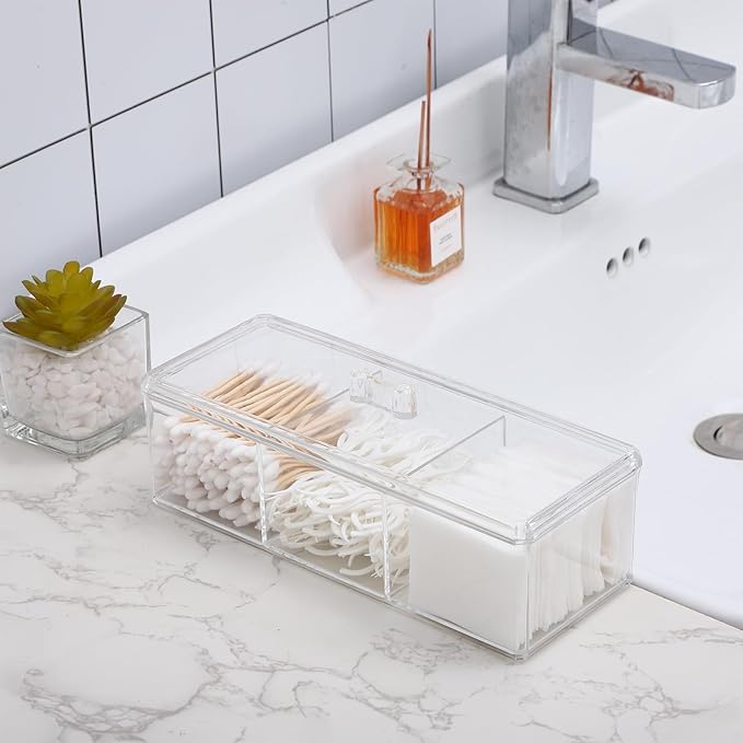 Sohalejr Qtip Holder Transparent 3 Compartments Cotton Ball and Swab Holder Organizer with Lid,Jar for Cotton Rounds,Bathroom Containers,Clear Acrylic Desk Organizer for Makeup Pads,Cosmetics Bedroom