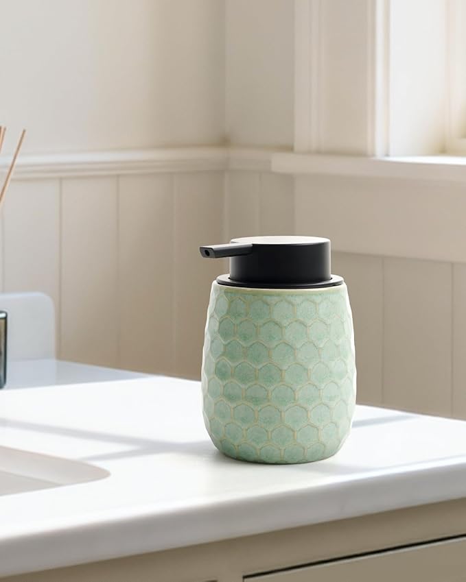 Soap Dispenser, 12 OZ Ceramic Liquid Hand Soap Dispenser with Honeycomb Design for Kitchen or Bathroom, Refillable Dish Lotion Dispenser, Green, ANTIS'S HOME