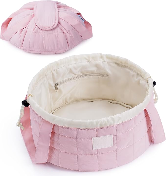 Narwey Lay Flat Open Drawstring Puffer Makeup Bag, Large Quilted Cosmetic Bag for Women Girls, Cute Make up Bags with Handle, Travel Toiletry Bag for Skincare, Brushes & Travel Essentials (Pink)
