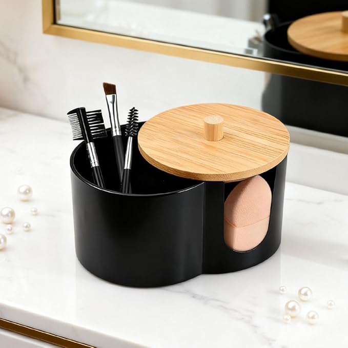 Axrivonte Qtip Holder Dispenser,Dual-Compartment Cotton Swab & Cotton Pad Organizer with Removable Dustproo-f Lid,Compact Countertop Storage Container(Black)