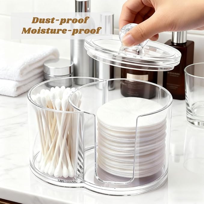 Axrivonte Qtip Holder Dispenser,Dual-Compartment Cotton Swab & Cotton Pad Organizer with Removable Dustproo-f Lid,Compact Countertop Storage Container(Clear)