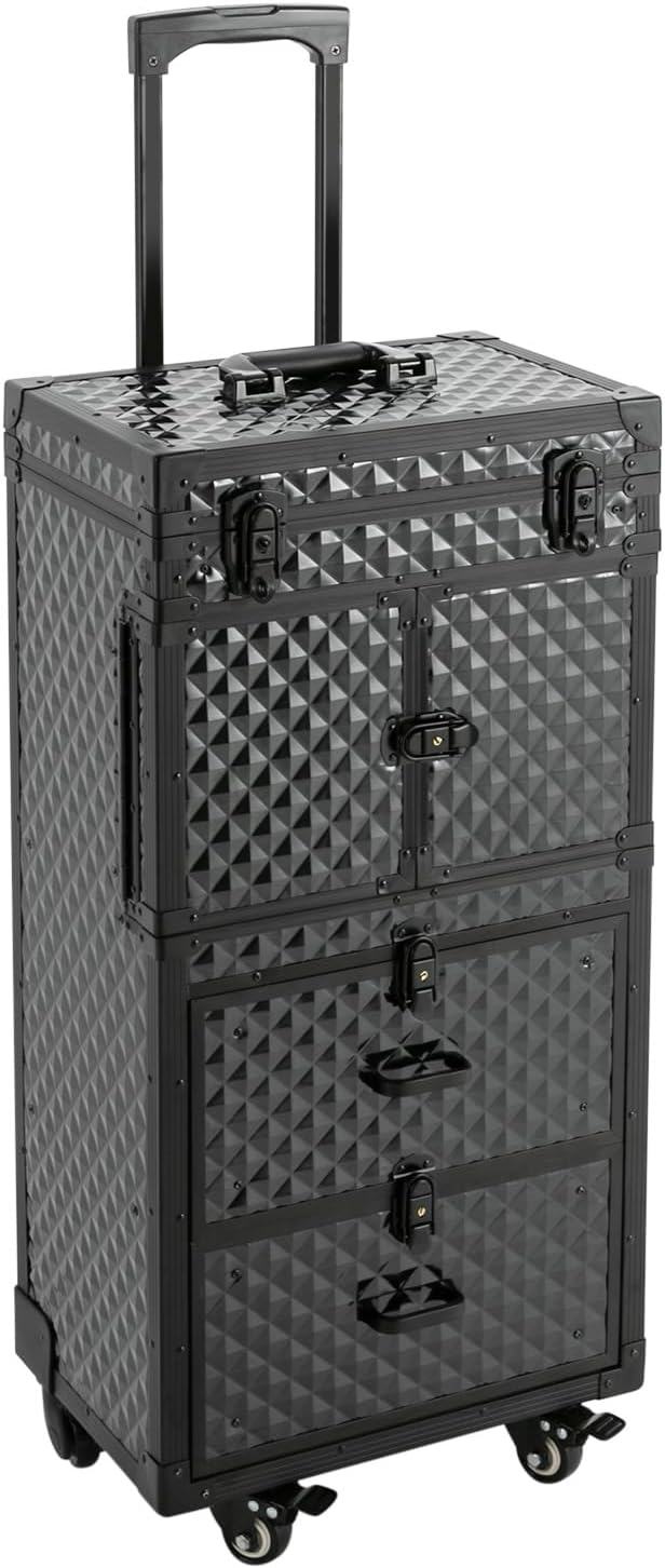 RocoReny Rolling Lockable Makeup Train Case With Metal Universal Wheel, Cosmetic Storage Box Cases, 32In-Retro Travel Organizer Tool Box w/Combination Locks for Stylist, Beauty, Makeup Artist (Black2)