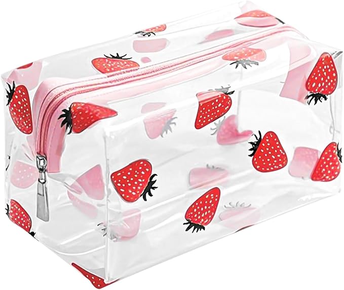 CarryEpic Clear Makeup Bag, Small Clear Toiletry Bag for Travel, Cosmetic Makeup Organizer Bags with Zipper, Plastic PVC Pouch Transparent Zip for Purse Reusable TSA Approved Quart Size (Strawberry)
