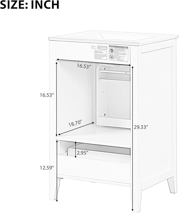 Bellemave 20-inch Solid Wood Bathroom Vanity with Sink, Free Standing Cabinet, Soft Closing Door, Storage Rack, Drawer (White)