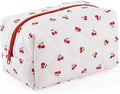 MZLUWM Floral Makeup Bag,Floral Quilted Makeup Pouch,Large Cosmetic Bag,Fashionable Travel Makeup Pouch, Cute Cherry Make up Bag,Puffy Coquette Makeup Bag, Attractive Quilted Make up Bag