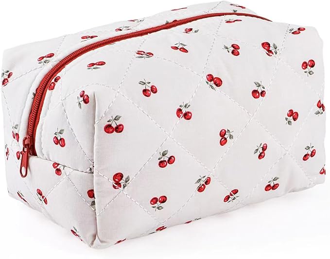 MZLUWM Floral Makeup Bag,Floral Quilted Makeup Pouch,Large Cosmetic Bag,Fashionable Travel Makeup Pouch, Cute Cherry Make up Bag,Puffy Coquette Makeup Bag, Attractive Quilted Make up Bag