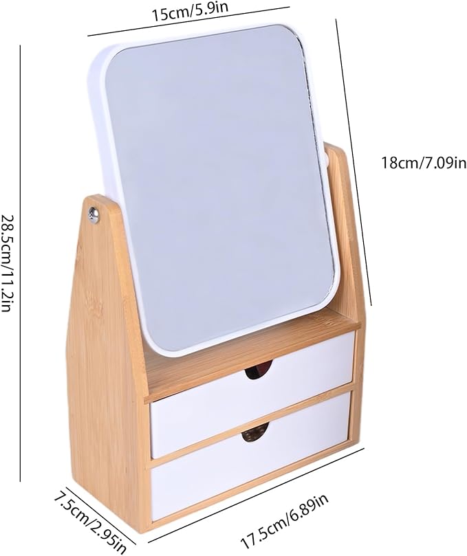 PYSYY 1x / 5X Magnifying Makeup Mirror, Jewelry and Cosmetics Storage Box with Double Drawers, Adjustable Natural Bamboo Stand, 360° rotatable Vertical Desktop Mirror (1, Rectangle)