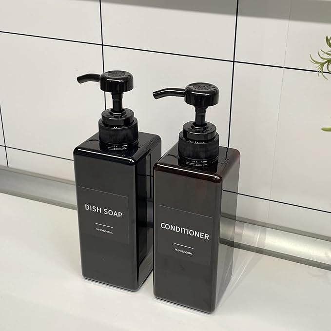 Soap Dispenser with Waterproof Labels, Thickened Plastic Hand Soap Dispenser for Bathroom, Kitchen Dish Washing Liquid Bottles, Shampoo and Conditioner Bottles with Funnel (16oz 4Pack Black Amber)